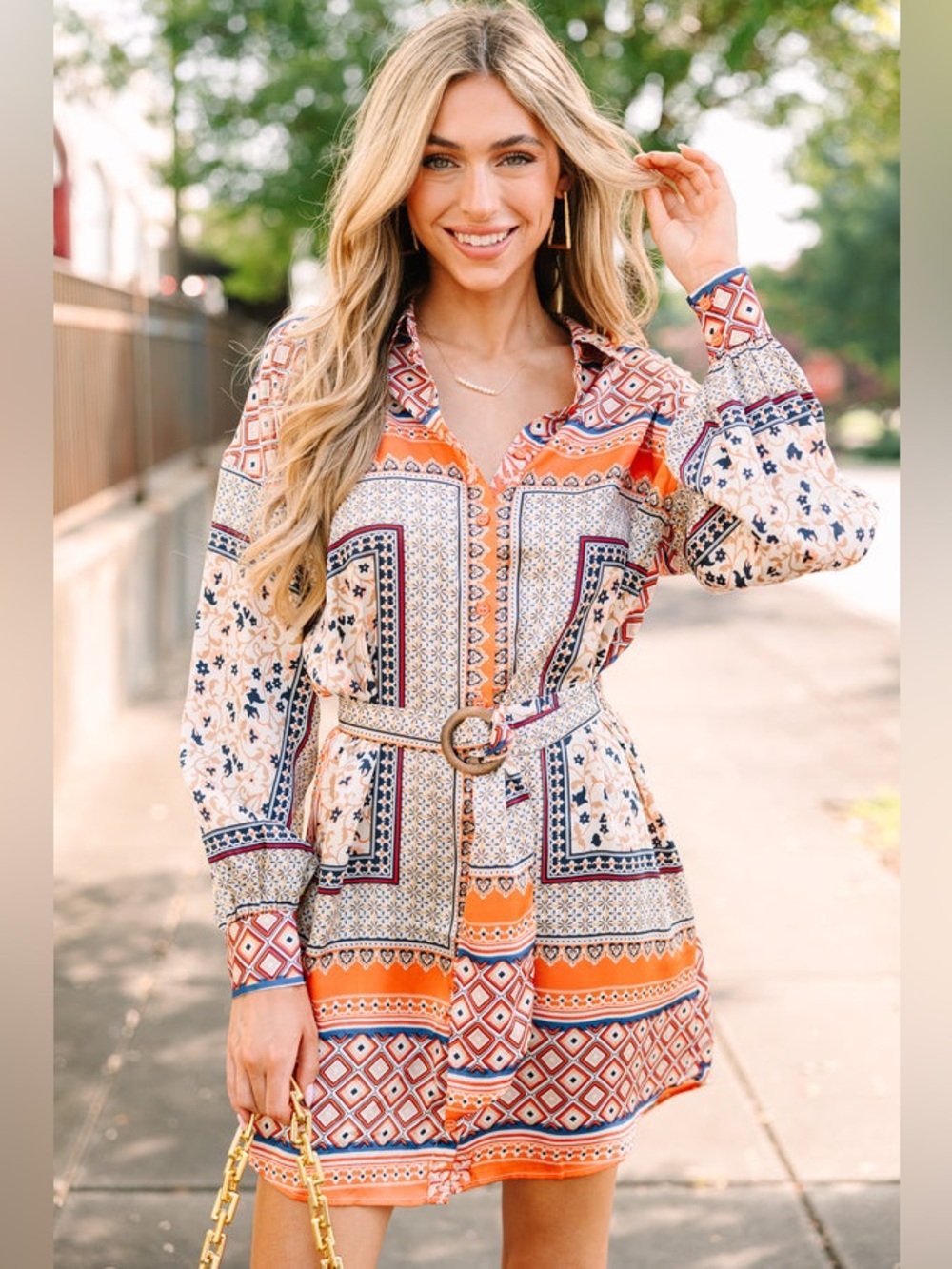 Fate: This Is How Orange Mixed Print Belted Button Down Satin Dress Medium